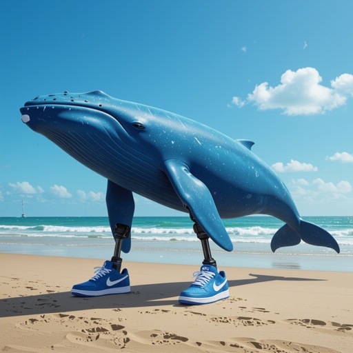 Faça uma baleia azul com três pernas e tênis da Nike na praia