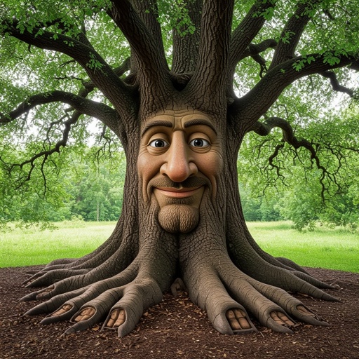 A tree with big feet and a long nose and a face