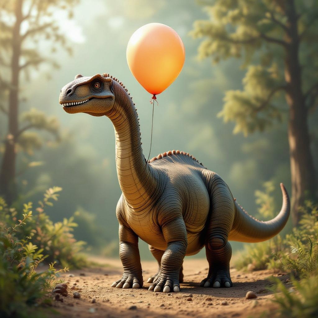 Un bronto sauro con un pallone al posto della testa