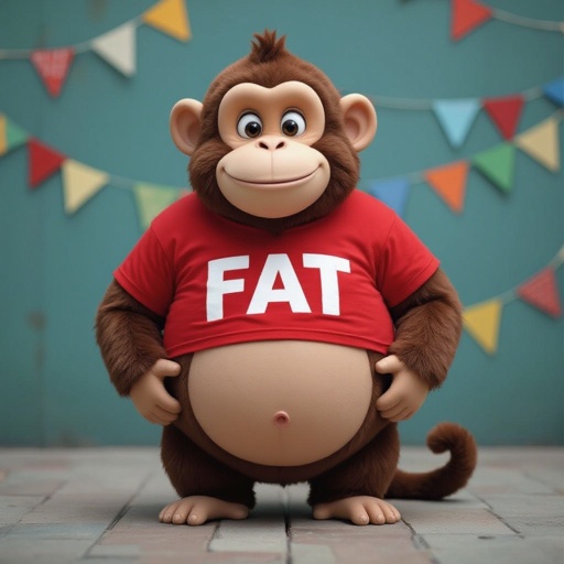 A big fat monkey with a red t shirt that says fat