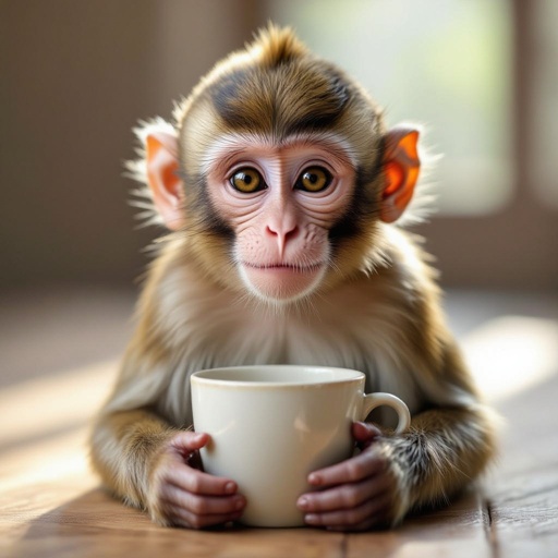 A monkey whit a cup in front