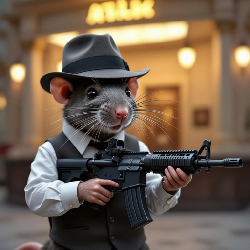 a rat with an assault, a Fedora hat and a dress shirt and a bank as a backdrop