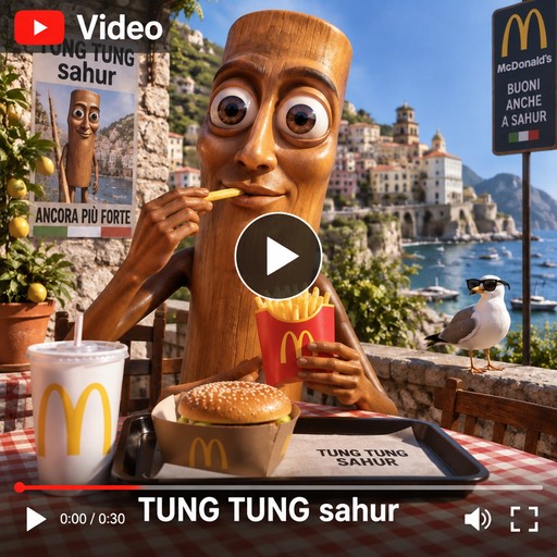 Animated person eating a burger beside a McDonald’s meal near a seaside village.