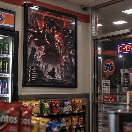 Convenience store with a dark fantasy poster, snack shelves, and glowing neon signs