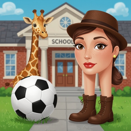 Soccer ball 2 giraffe leg human face wear hat and boots in school