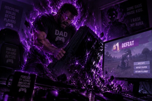 Purple gaming meme with a “DAD” character beside a screen showing “DEFEAT.”