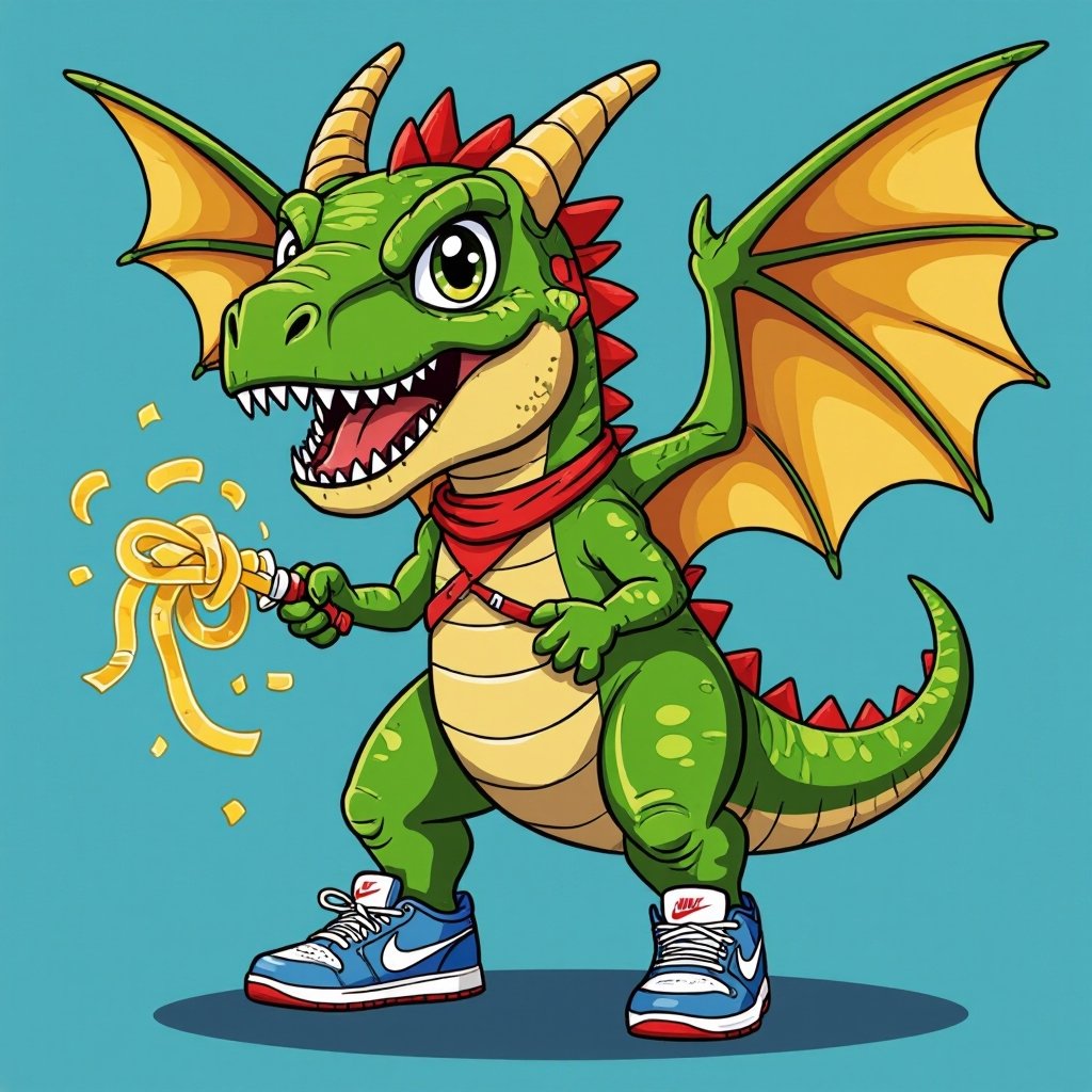 Un t-rex ninja con le ali da drago fatte di pasta e scarpe Nike 