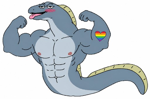 Cartoon muscular blue serpent flexing with rainbow heart wristband.