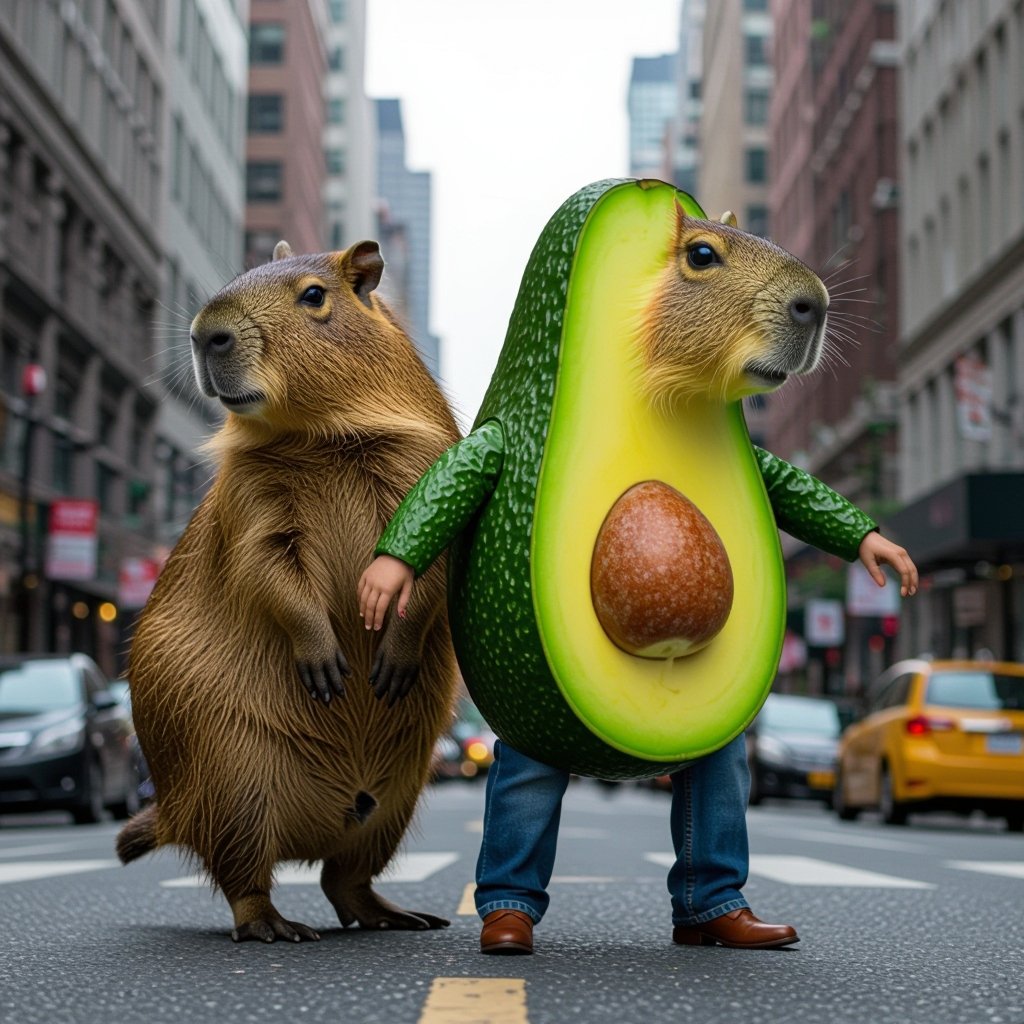 Capybara with avocado body 4 human leg in city