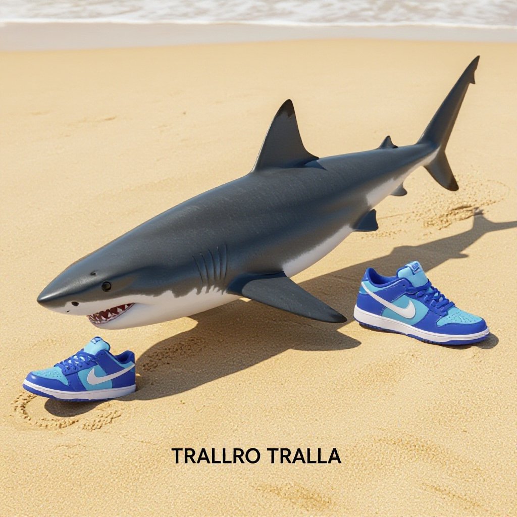 A shark walking on the beach with blue nikes and his name is trallro tralla
