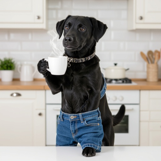 cane nero all'impiedi che beve caffe vicino ad una cucina con dei jeens indissati