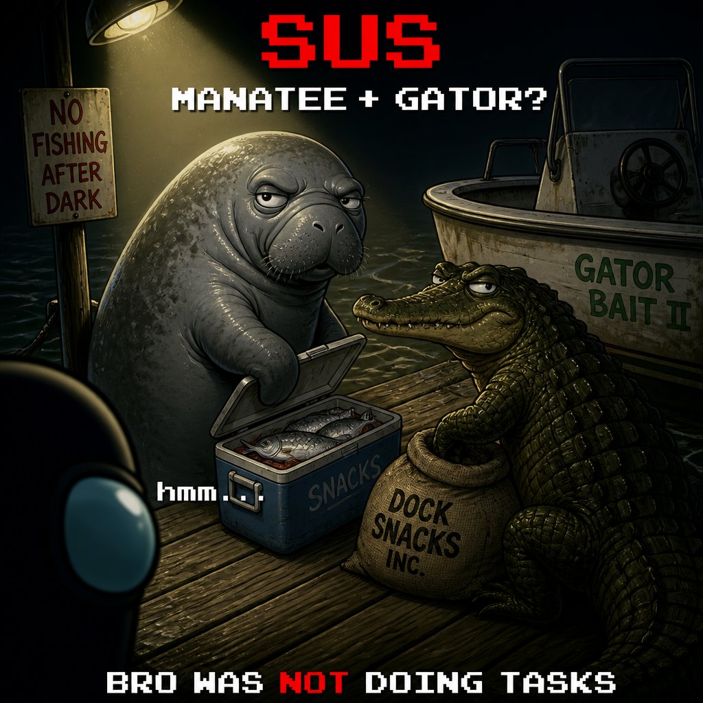 Cartoon manatee and alligator beside a boat with meme text and dark colors