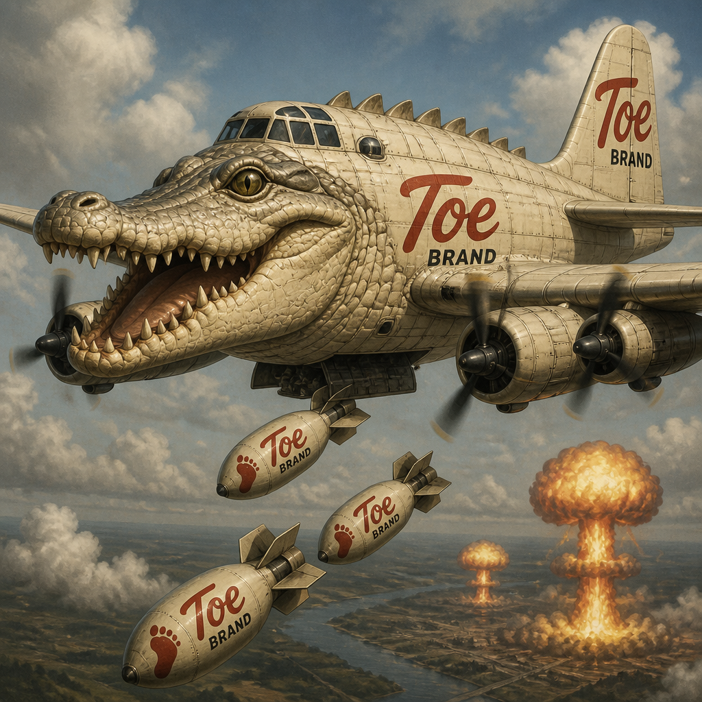 Creami un aereo fuso a un coccodrillo che lancia le bombe atomiche Toe