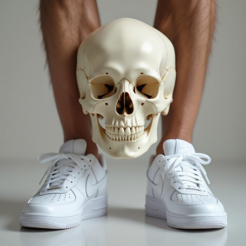 Corpo humano da cabeça aos pés de osso com tênis da Nike no pé. Bem realista