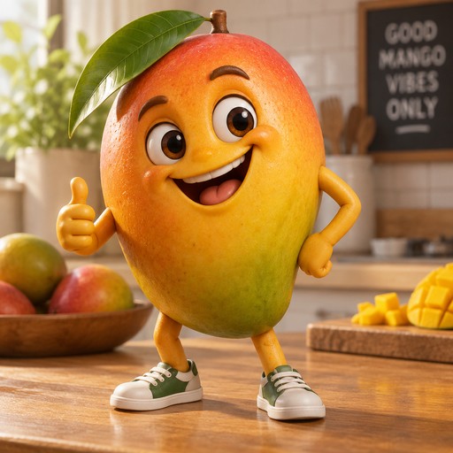 Cartoon mango dancing in a kitchen, giving a thumbs-up beside a computer monitor.