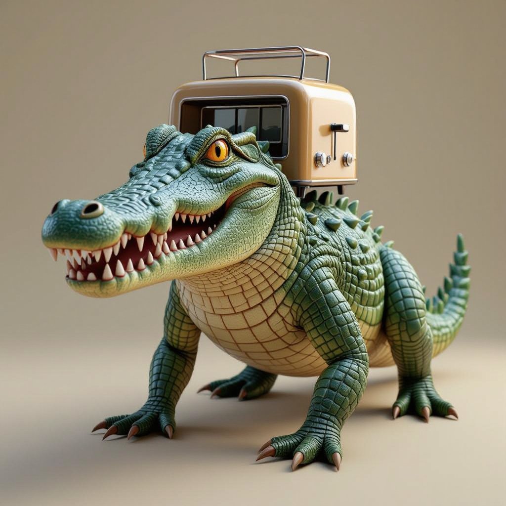 Um crocodilo con cabeza de tostadora y patas de lobo