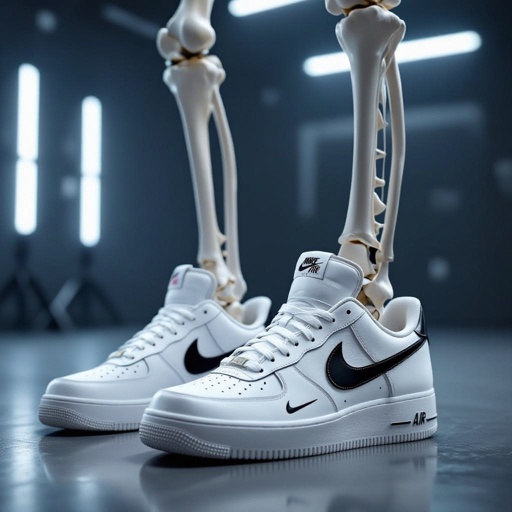 Corpo humano de osso com tênis da Nike no pé. Bem realista