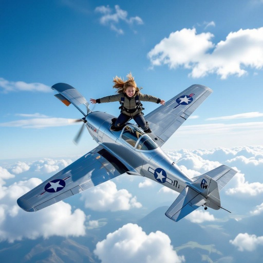 Make a kid flying in the sky merged with a war plane