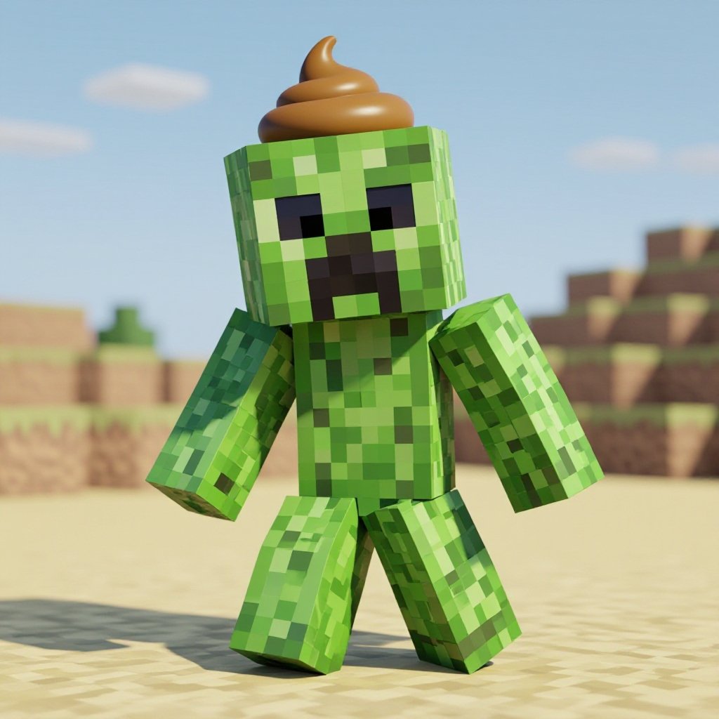 Un creeper di Minecraft con una cacca in testa, le gambe storte