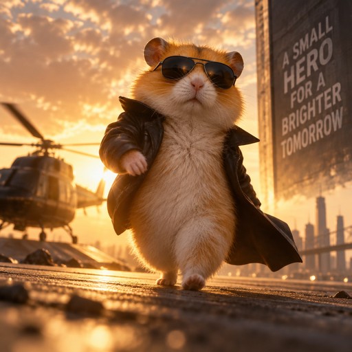Anthropomorphic cat wearing sunglasses and cape, walking through a sunset city street