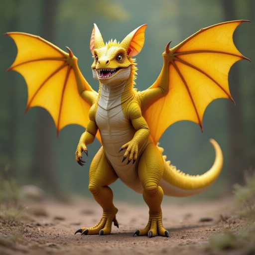 Yellow bat with yellow wingsbut the bat has human legs and T rex head