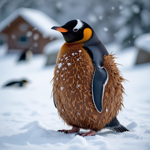 Penguin with coconut body in snow