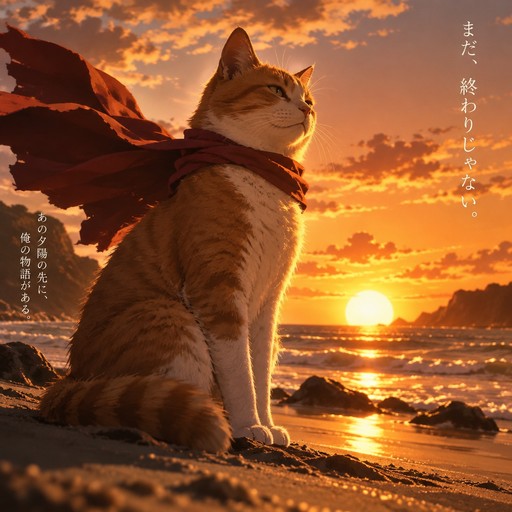 Anime-style cat wearing a flowing scarf sits on a beach at sunset.