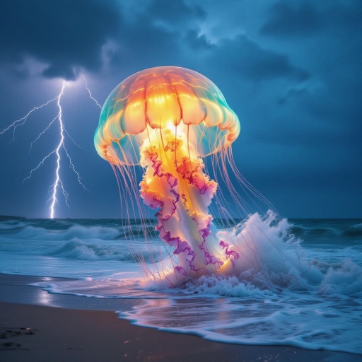 Giant rainbow jellyfish in beach storm