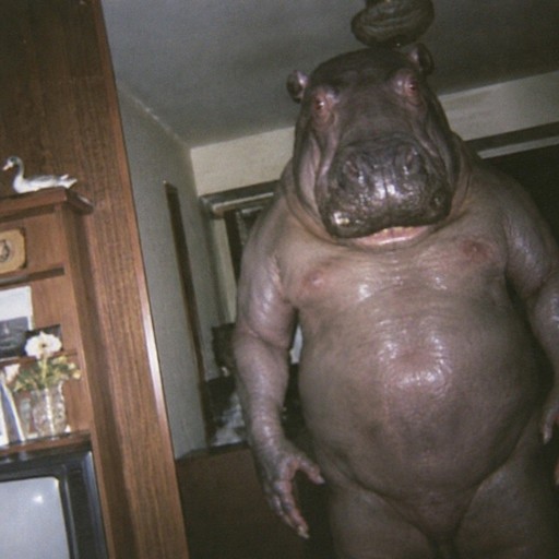Surreal meme image of a person with a hippo head standing indoors beside a television.