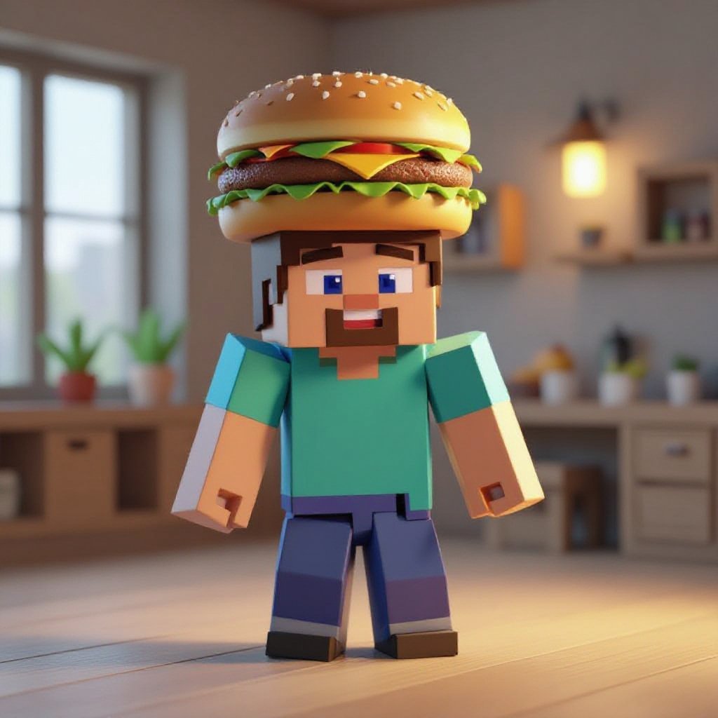 O Steve do Minecraft com um hamburger na cabeça