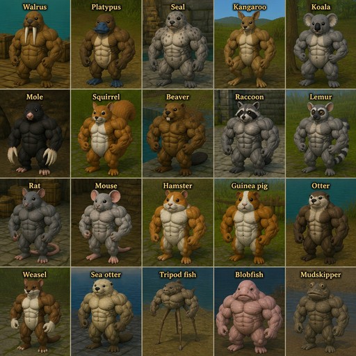 Grid of cartoon animals with human-like features in natural outdoor settings