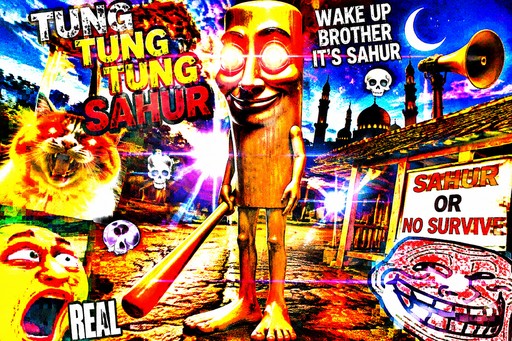 Colorful chaotic meme collage with a glowing figure, text, and cartoon faces
