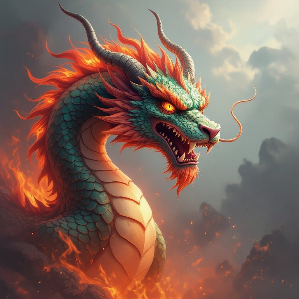 Un drago in fiamme con la testa di leone