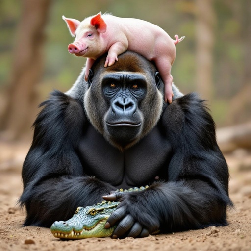 A gorilla with a pig on his head and a crocodile mixed with the gorilla’s body