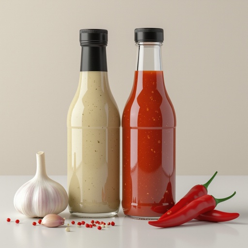 Molho de pimenta do lado de um molho de alho. Os dois em pé e de garrafa que tem. OBS:realista e sem rótulos