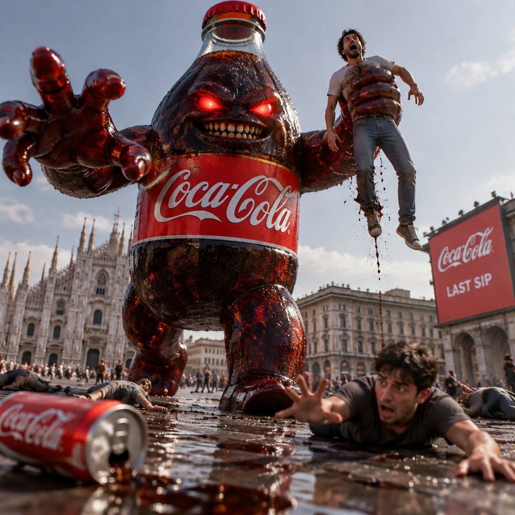Giant glowing Coca-Cola bottle monster towers over people in a city square.