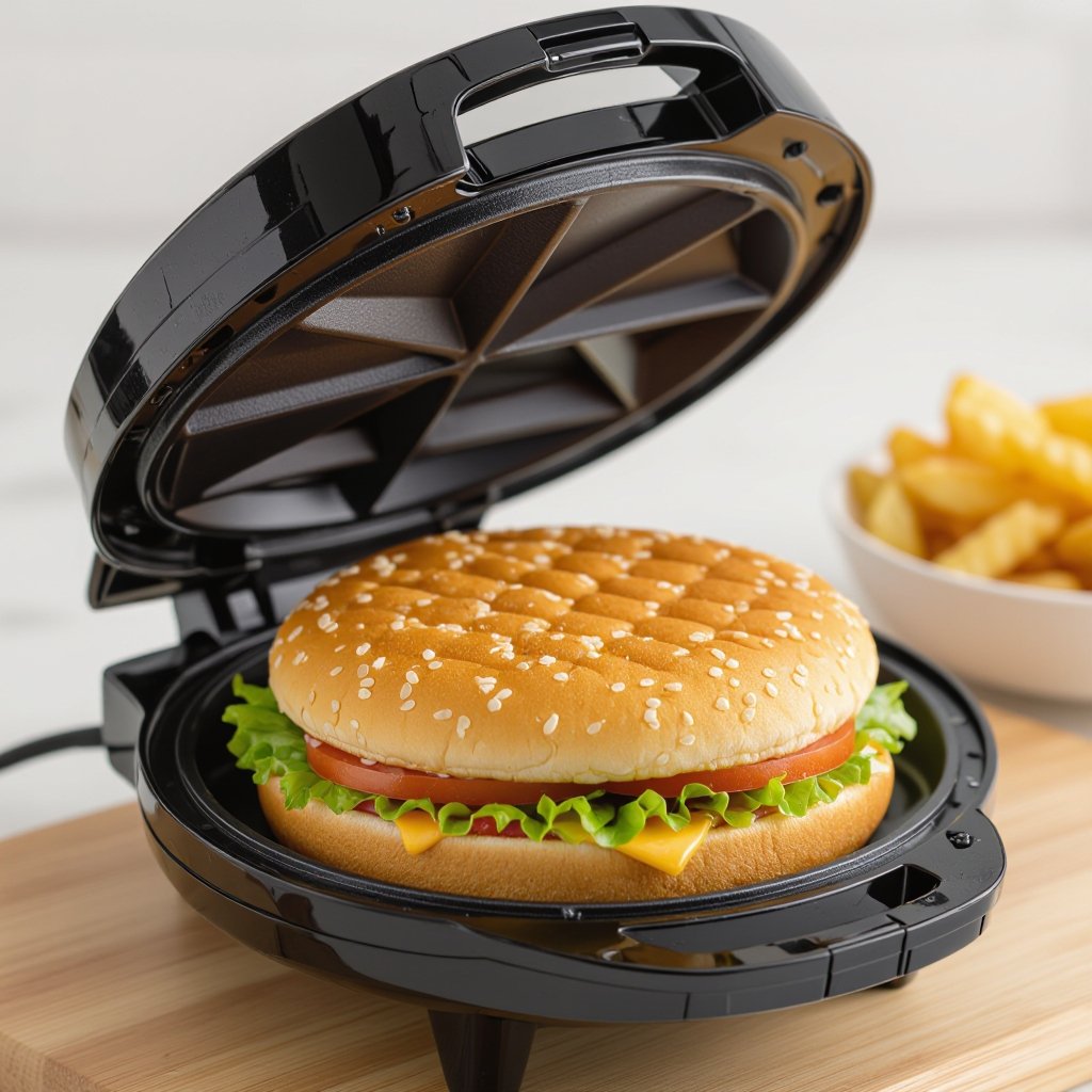A sandwich maker with a hamburger bun in it