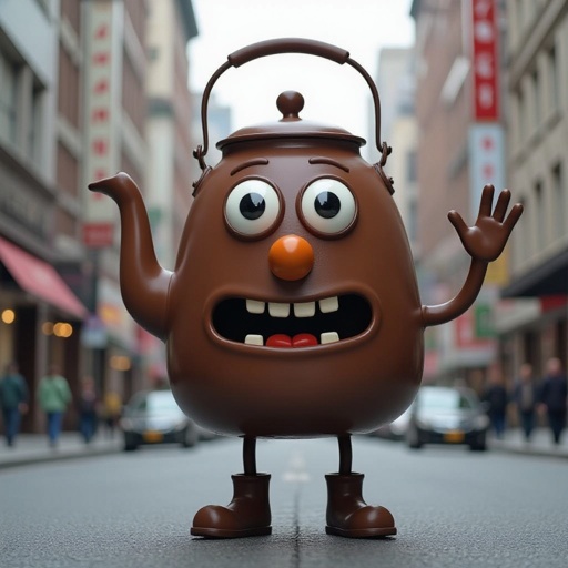 Brown kettle with 2 human leg 1 human hand 2 big eye 1 brown nose and mouth in city