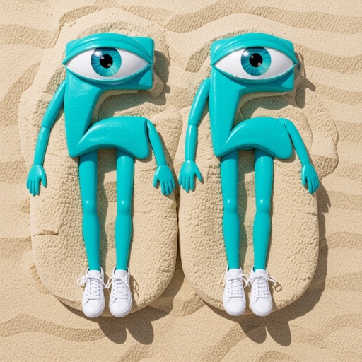Cyan number 66 with 2 human eye ball 2 cyan arm 2 cyan leg wear white shoes in beach