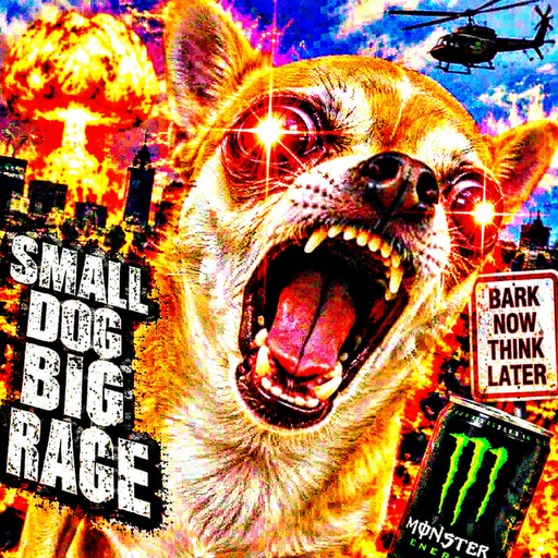 Cartoon dog roaring amid fiery explosions, helicopters, neon effects, and bold meme text.