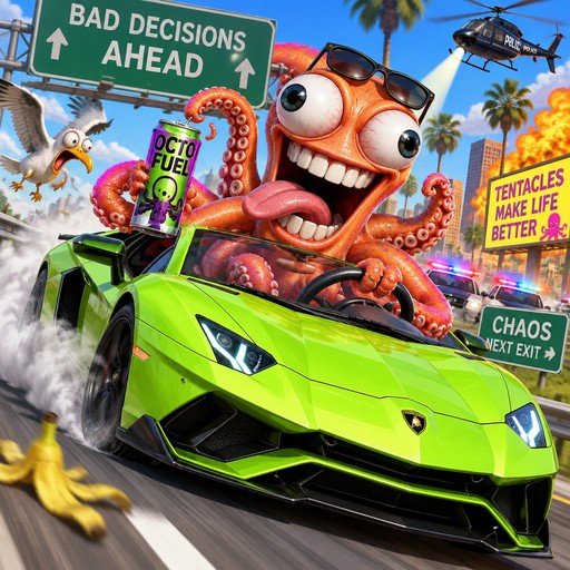 Surreal colorful meme collage of an orange creature driving a green sports car among signs, palm trees, and chaos.