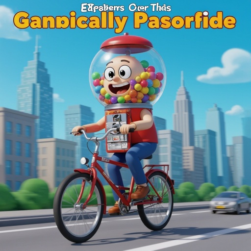 Gumball machine man ride bicycle in city