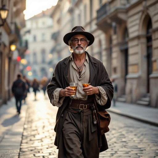 Scotch con un cappello e degli occhiali che sta camminando in una strada