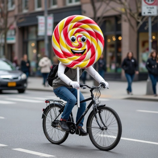 Lollipop with human face 2 white arm 2 white leg ride bicycle in city