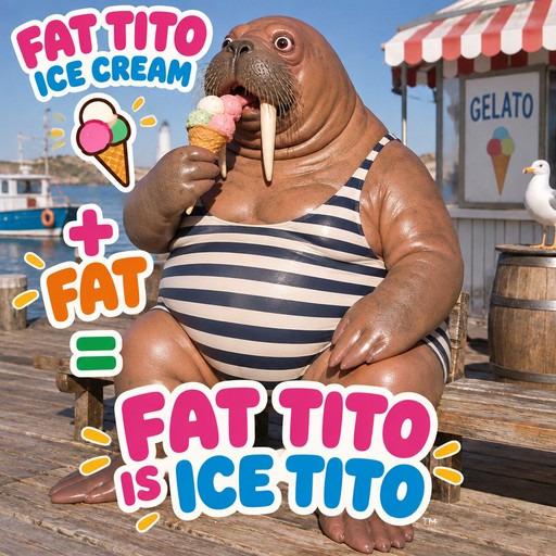 Cartoon walrus eating ice cream beside a gelato stand, with colorful text and beach scenery.