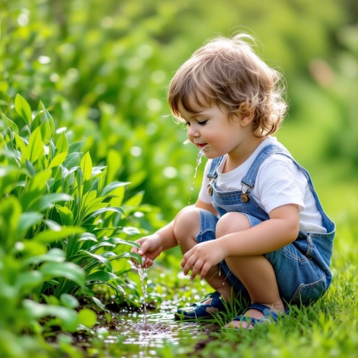 Un bambino che fa pipì sulle piante