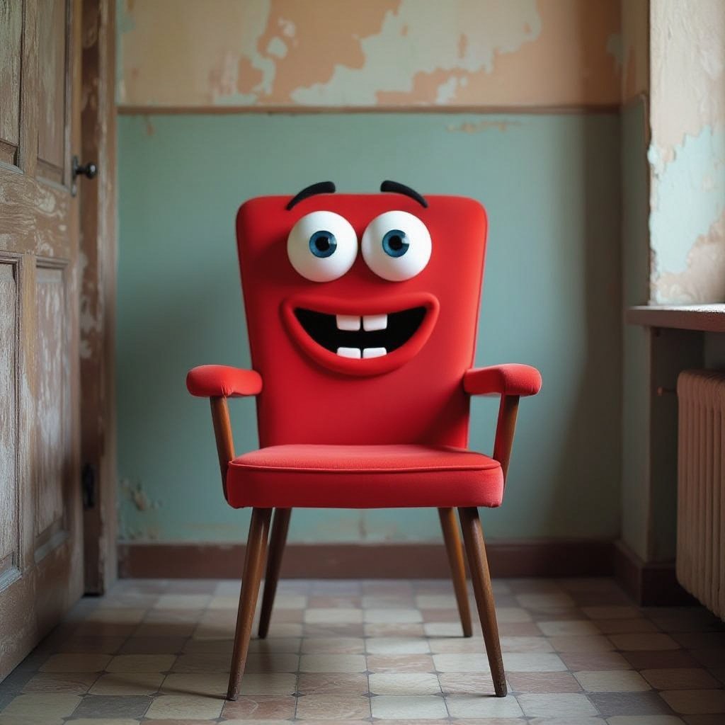 Red chair with a eyes and a mouth 