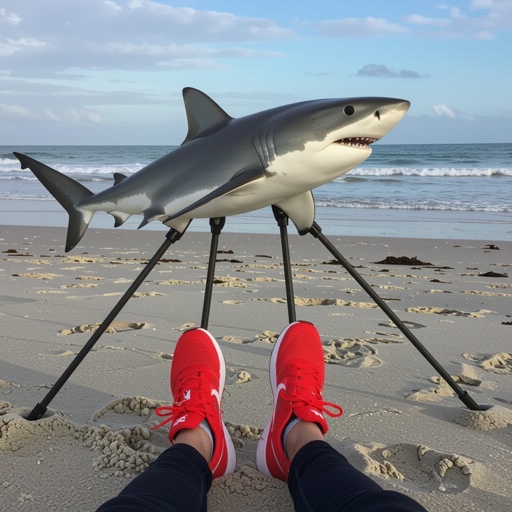 Uno squalo con le Nike ai piedi sulla spiaggia con tre gambe