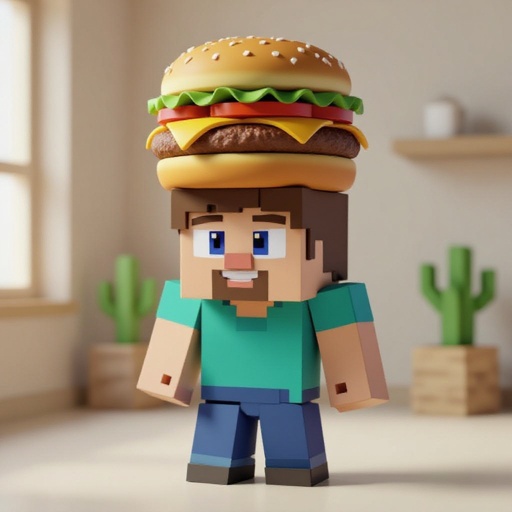 O Steve do Minecraft com um hamburger na cabeça