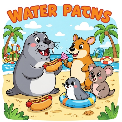 Walrus plays with platypus and Kangaroo Seal and koala with me hot dog and me ice cream they go to the water park